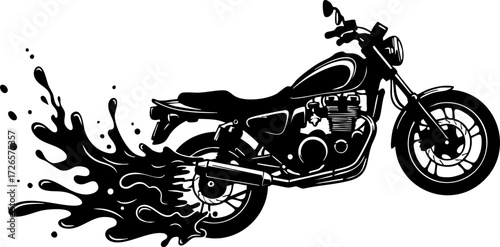 Fotografie Dynamic motorcycle blasting forward leaving a trail of black ink splashes in an