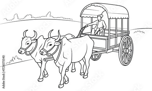 Two oxen pulling a covered cart with a driver in a simple line drawing style ox cart wagon