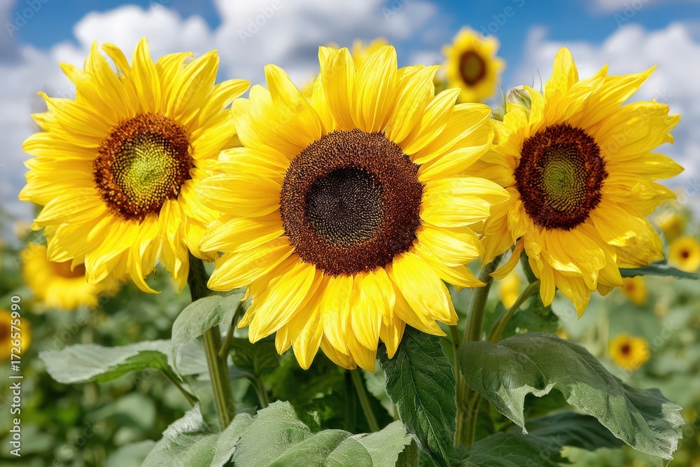 Obraz premium Captivating display of golden sunflowers in a vibrant field radiating summer joy and warmth with a backdrop of blue sky and fluffy clouds showcasing nature's brilliance and beauty