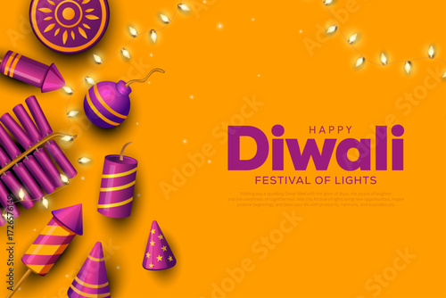 Indian festival Happy Diwali with Diwali Crackers, holiday Background, Diwali celebration greeting card, vector illustration design.