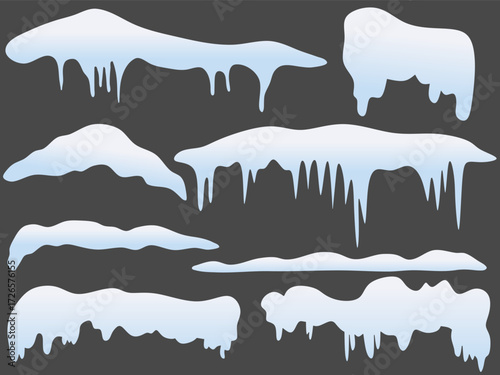 Set of various snowdrifts and hanging ice formations with a soft blue tint