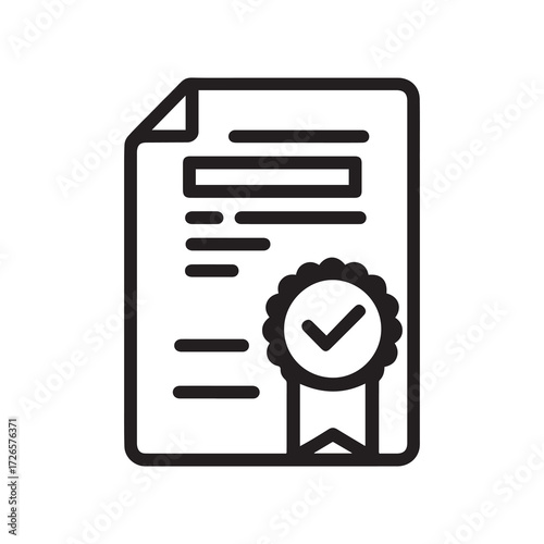 Approved Icon with Check Mark on Ribbon Outline Style
