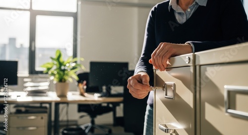 Professional opening filing cabinet with key, modern office setting, bright natural light