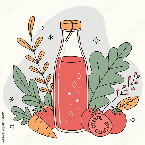 Tomato juice bottle with vegetables