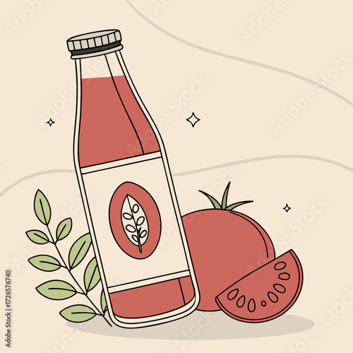 Tomato juice bottle with tomato and leaves