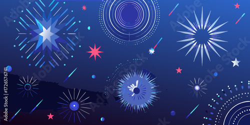 Abstract blue and white fireworks display on a dark night sky background