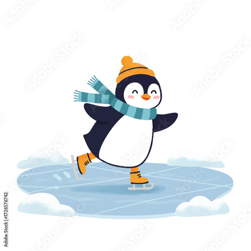 Cute penguin gracefully ice skating on a frozen pond surrounded by gentle snowdrifts, depicted in a vibrant flat 2D vector illustration with clean outlines and a white background.