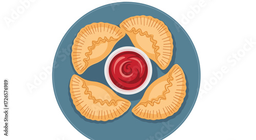 Golden crescent-shaped pastries filled with savory goodness and served with a vibrant dipping sauce on a blue plate.