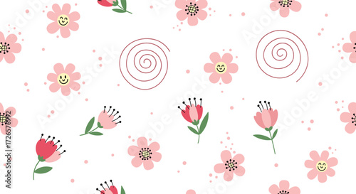 A charming and whimsical pattern featuring an array of cute pink flowers with smiling faces and delicate floral designs with spiraling accents.