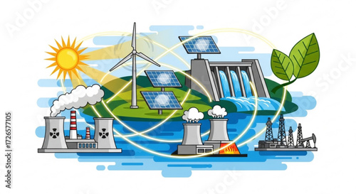 Illustration showing various sources of energy including solar wind hydro nuclear and fossil fuels