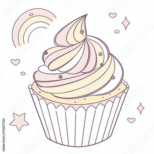Pastel cupcake with rainbow and hearts