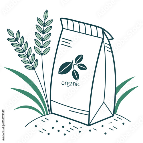 Illustration of an organic grain bag with plants