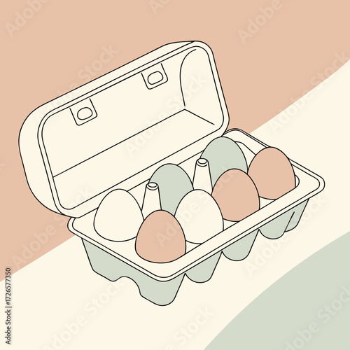 Illustration of an open egg carton with various colored eggs inside it