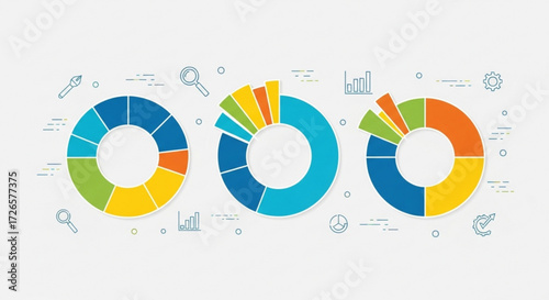 Three colorful donut charts with different segmentations surrounded by business icons on a light background