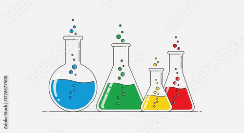Illustration of four beakers filled with colorful liquids and bubbles in a laboratory setting style