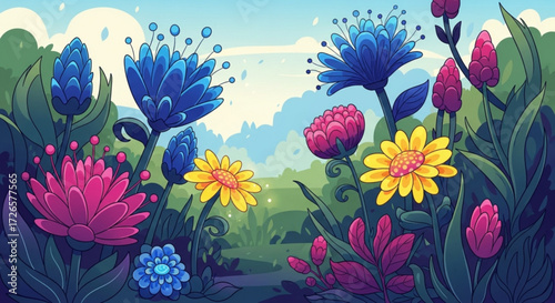 A whimsical garden scene featuring colorful flowers and lush greenery under a bright sky with soft clouds