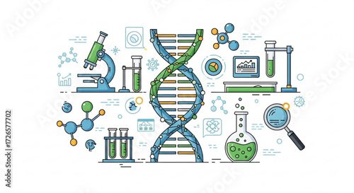 Illustration depicting a dna strand, microscope, test tubes, flask, and molecules in a laboratory setting