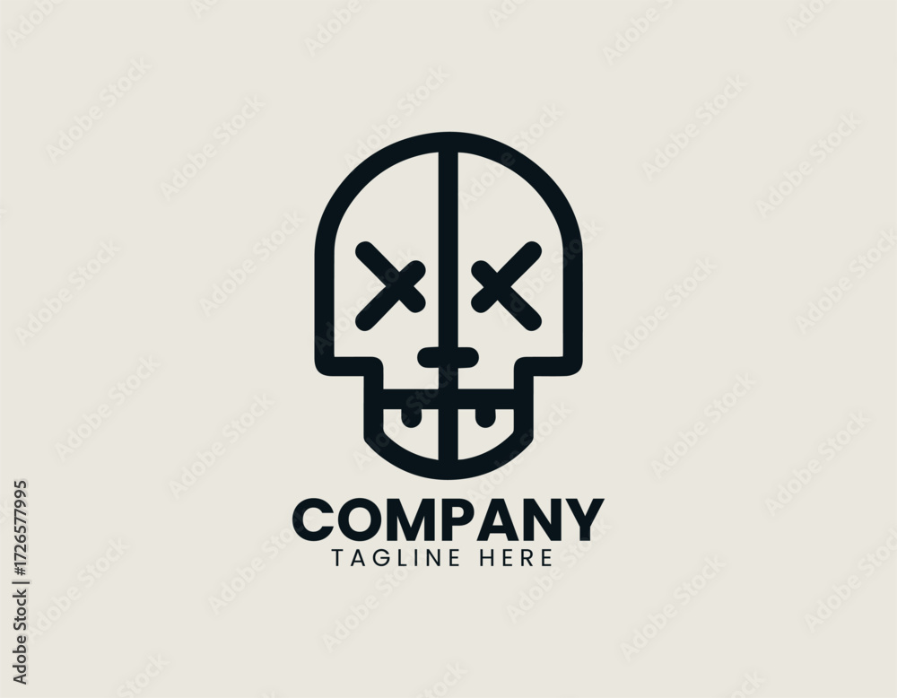Obraz premium Vector logo minimalist skull with arrow and cross details in bold abstract design