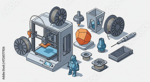 Isometric illustration of a 3d printer with filament spools and various printed objects on a white background