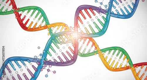 Colorful dna strands intertwined with molecule connections on a bright white background creating a science theme