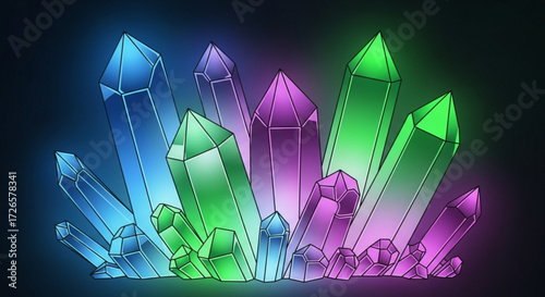 Illustration of a cluster of colorful crystals with blue green purple and pink hues on a dark background