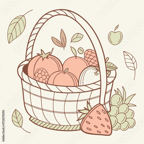 Illustration of a basket filled with fresh fruits and leaves around it