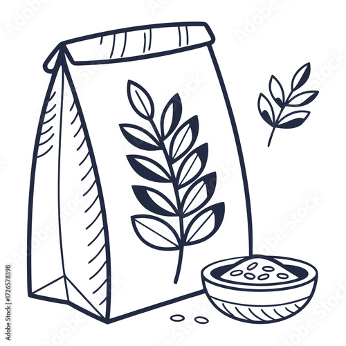 Illustration of a bag of grain with a bowl of seeds