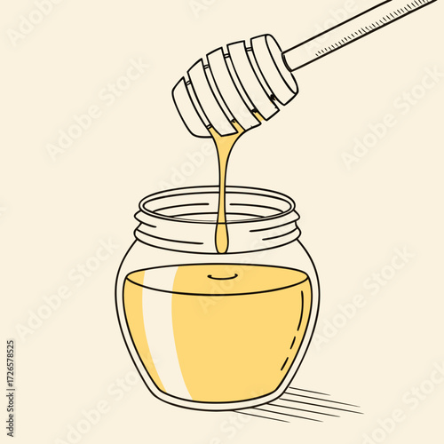 Honey jar illustration with dipper on a beige background for designs
