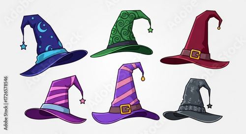 Illustration showcasing a collection of six uniquely designed and colored wizard or witch hats on white