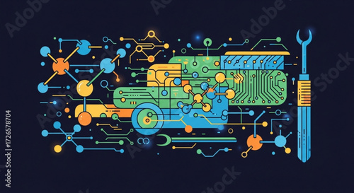 Illustration of a circuit board with molecules and a wrench on a dark blue background design