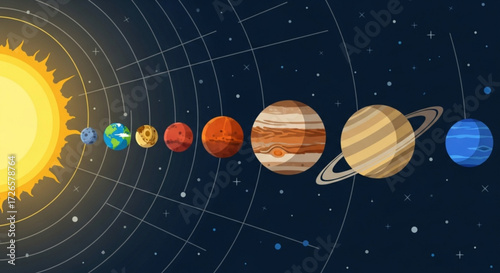 Illustration of the solar system showing the sun and planets in their orbits against a dark blue background