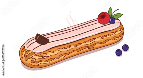 A delightful elongated pastry with sweet frosting and fresh fruit topping.