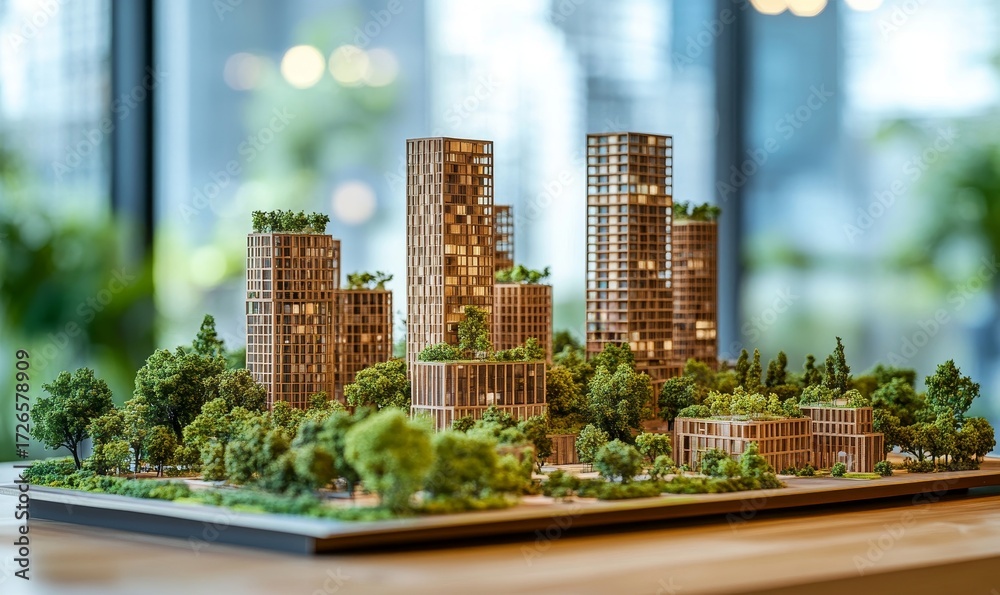 Fototapeta premium Planning for sustainable urban architecture, with models of eco-friendly buildings and green construction methods, Generative AI