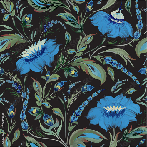Vector floral seamless pattern of ornate flowers and leaves on a black background
