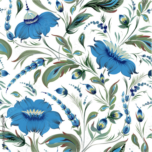 Vector floral seamless pattern of ornate flowers and leaves on a white background