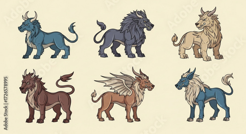 Illustration of six different fantasy creatures with bull horns and lion like bodies in various colors