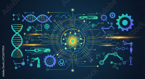 Illustration showing dna strands atom gears and robotic arms connected by circuits on a dark blue background