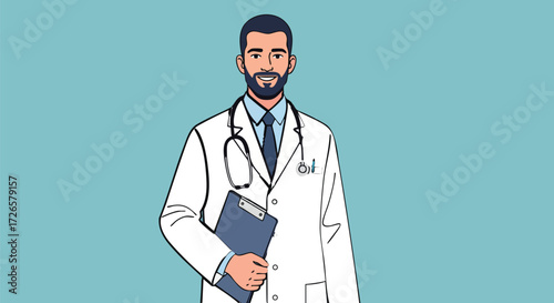 Confident Male Doctor in White Coat Holding Clipboard Against Light Blue Background