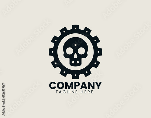 Vector logo shows skull inside gear cog with industrial mechanical design in modern style
