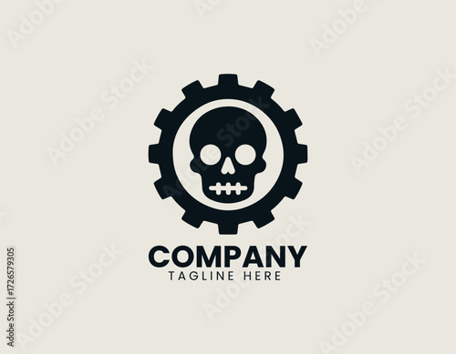 Vector logo shows skull inside gear cog with industrial mechanical design in modern style