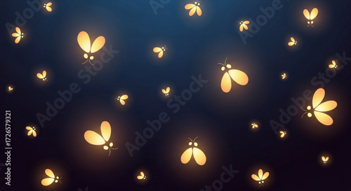 Illustration of numerous glowing fireflies scattered across a dark blue gradient background at nighttime