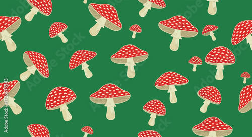 A whimsical pattern of red and white spotted mushrooms scattered across a vibrant green background.