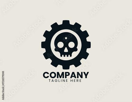 Vector logo shows skull inside gear cog with industrial mechanical design in modern style