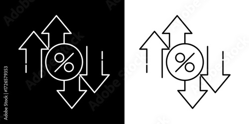 Vector line icon representing percentage change and financial volatility. Thin line art symbol with up and down arrows for interest rates or discounts