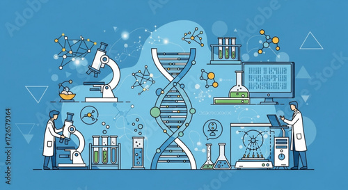 Illustration depicting scientists in a lab with microscopes dna structures and various scientific equipment