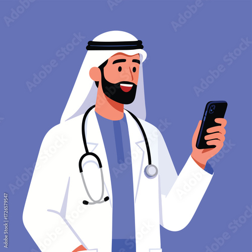 Male Middle Eastern Doctor Using Smartphone in Clinic Setting