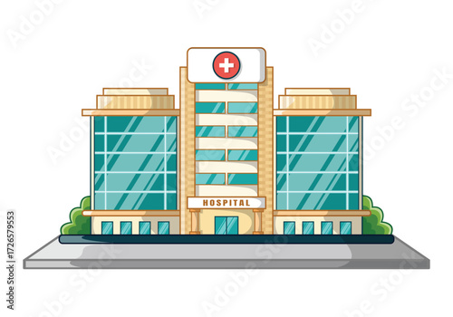 Hospital Medical Building Exterior Vector Illustration with Red Cross Signage
