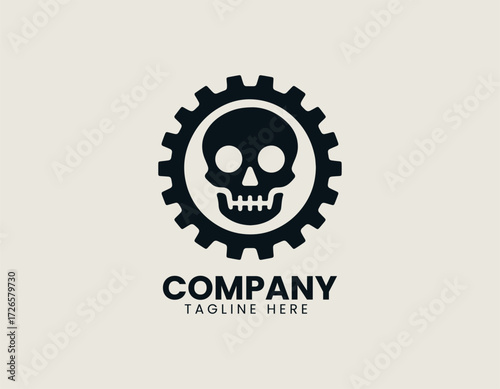 Vector logo shows skull inside gear cog with industrial mechanical design in modern style