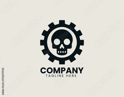 Vector logo shows skull inside gear cog with industrial mechanical design in modern style