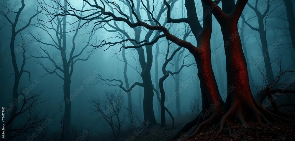 Naklejka premium Dark, atmospheric forest scene with gnarled trees and mist, haunted, branches